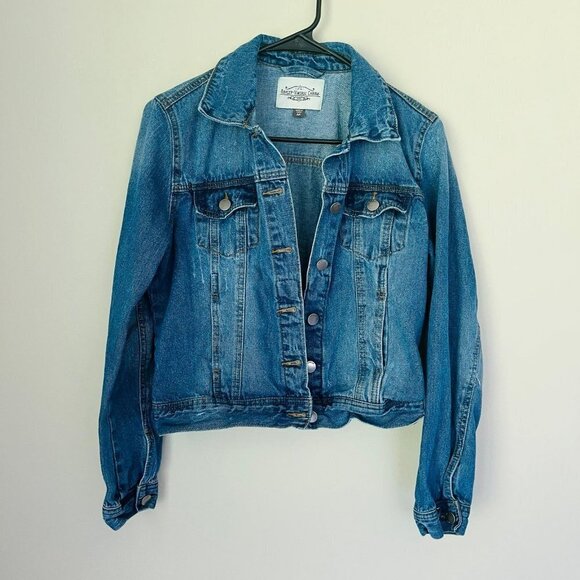 Ashley-Vintage Charm Cropped Denim Trucker Jacket SZ M Distressed - Picture 1 of 7